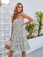 Printed Square Neck Tie Shoulder Dress (6)