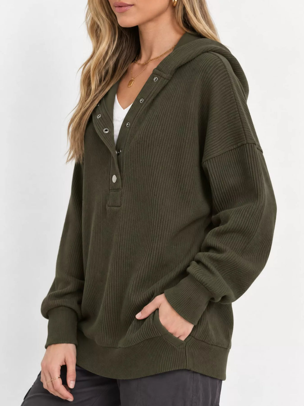 Full Size Snap Button Placket Dropped Shoulder Hoodie Plus (42)