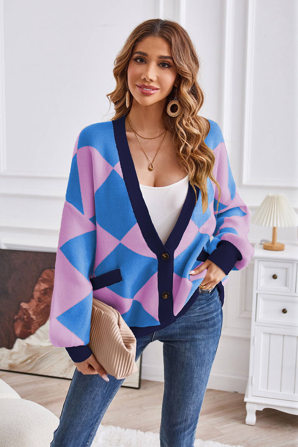 Geometric Lantern Sleeve Cardigan Pockets (6)