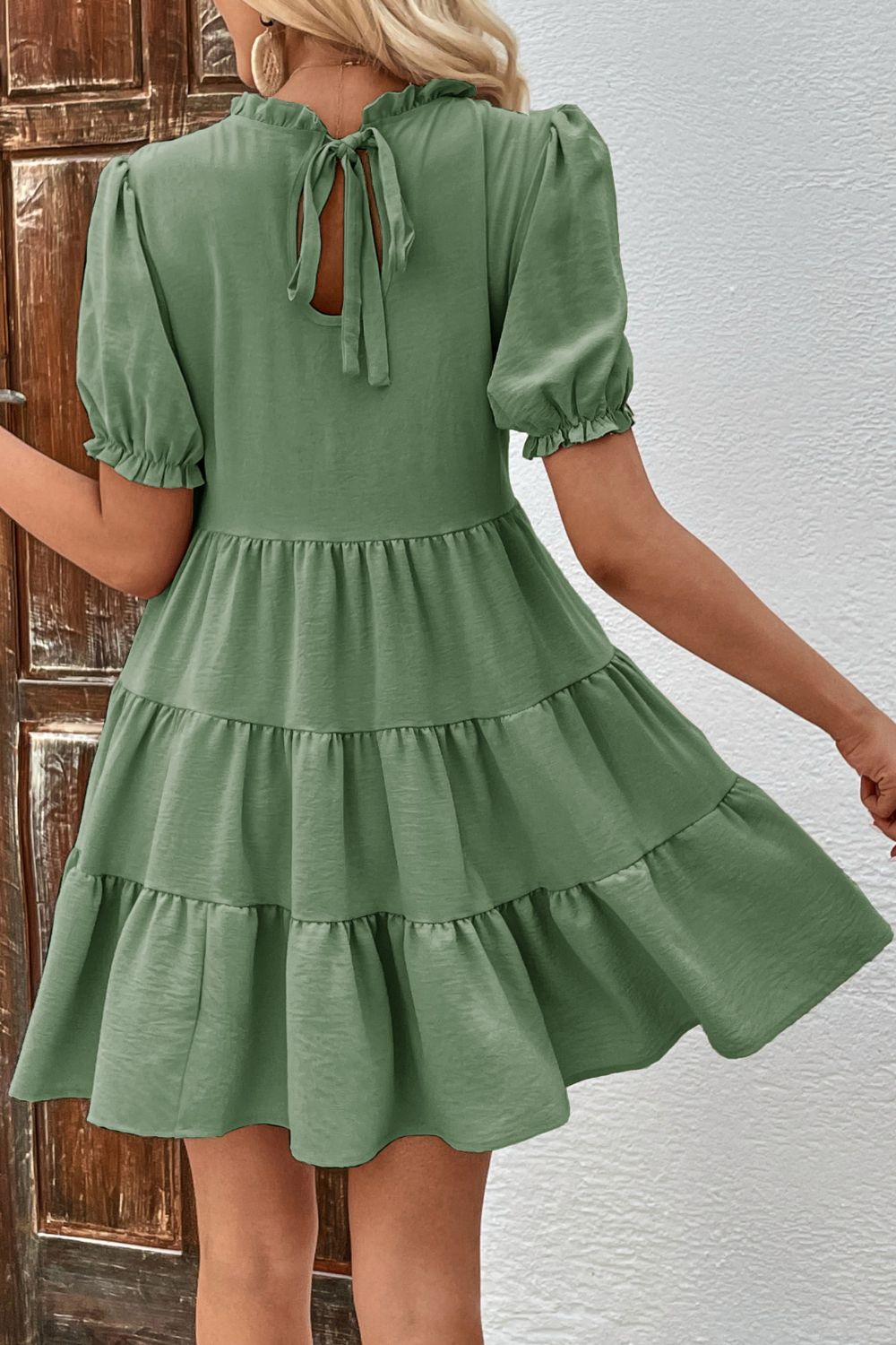 Puff Sleeve Tie Back Tiered Dress (2)