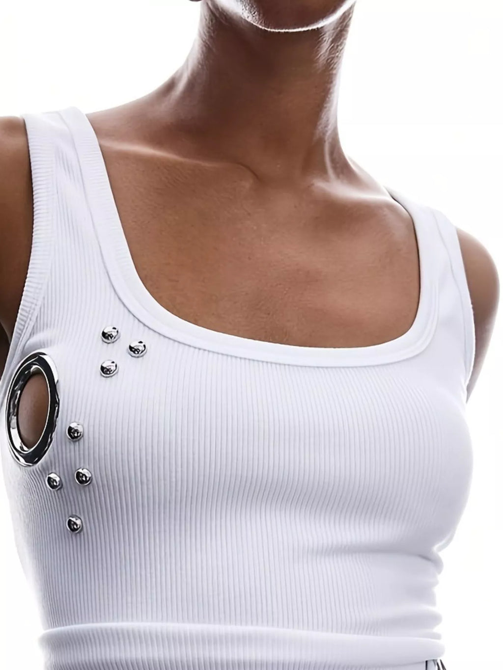 Ribbed Tank Top Metal Grommet Cutouts Stud Embellishments (8)