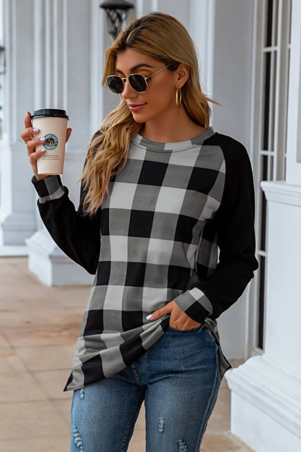 Plaid Round Neck Long Sleeve T-shirt (7)