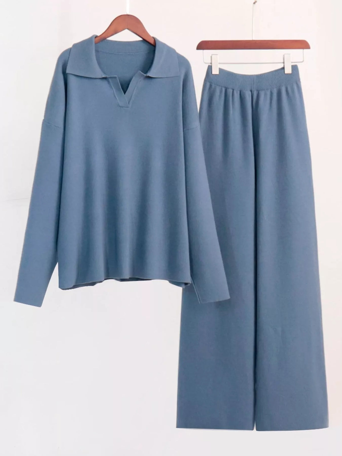 Polo Collar Top Wide-leg Pants Set (20)