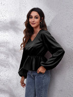 V-neck Balloon Sleeve Peplum Blouse (10)