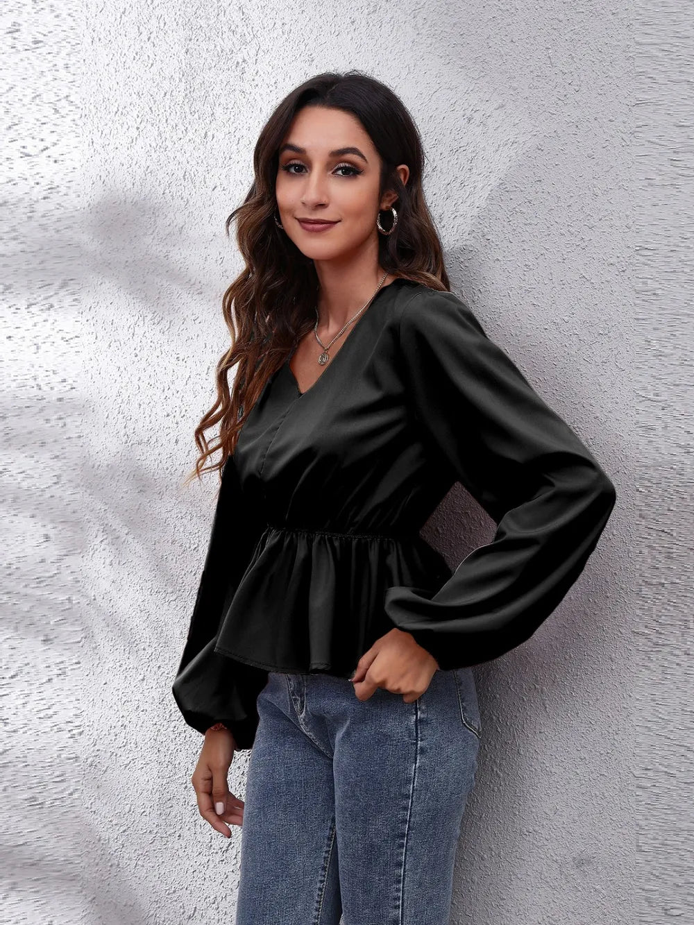 V-neck Balloon Sleeve Peplum Blouse (10)