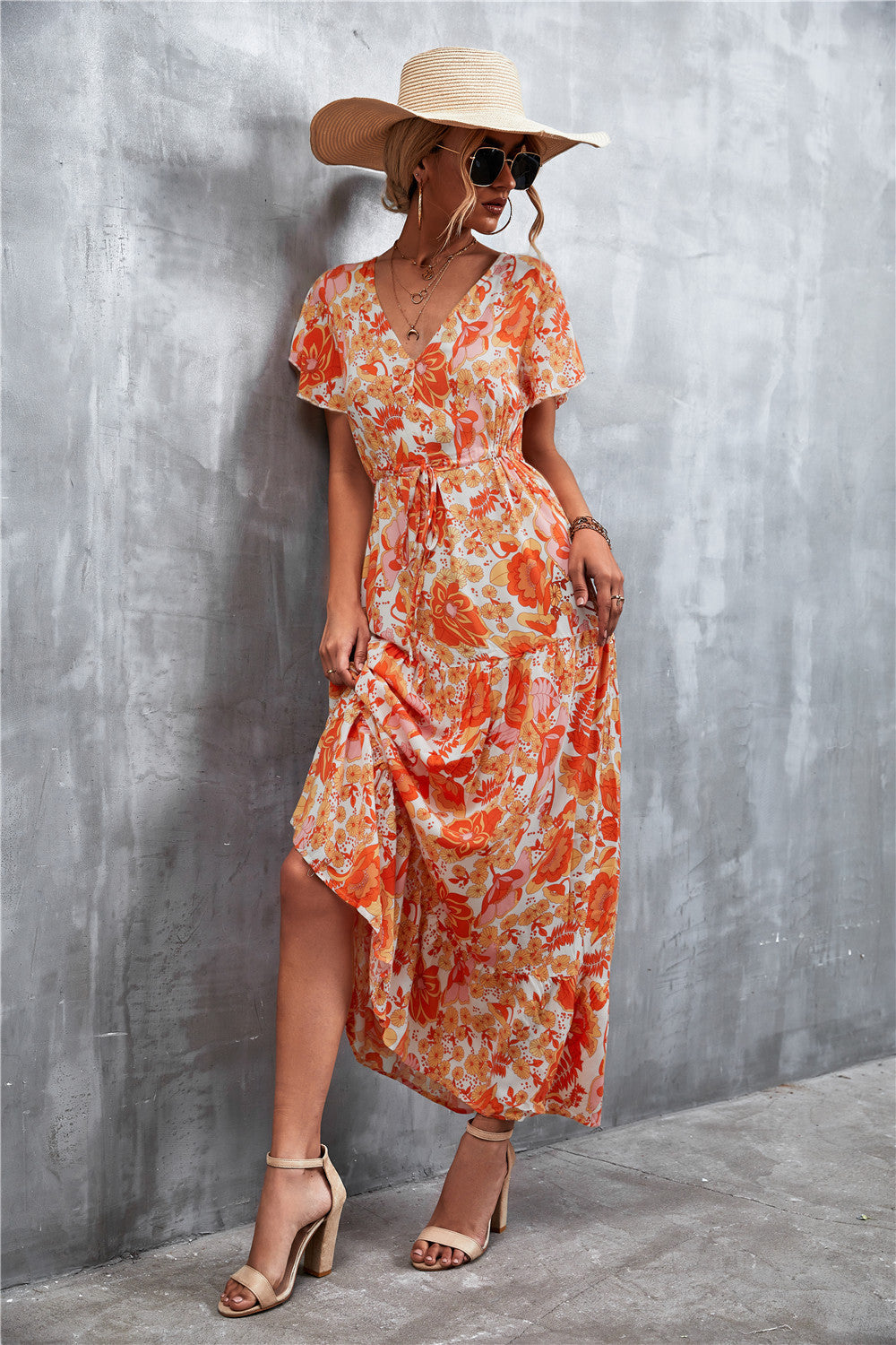 Floral Buttoned Drawstring Waist Tiered Dress (8)
