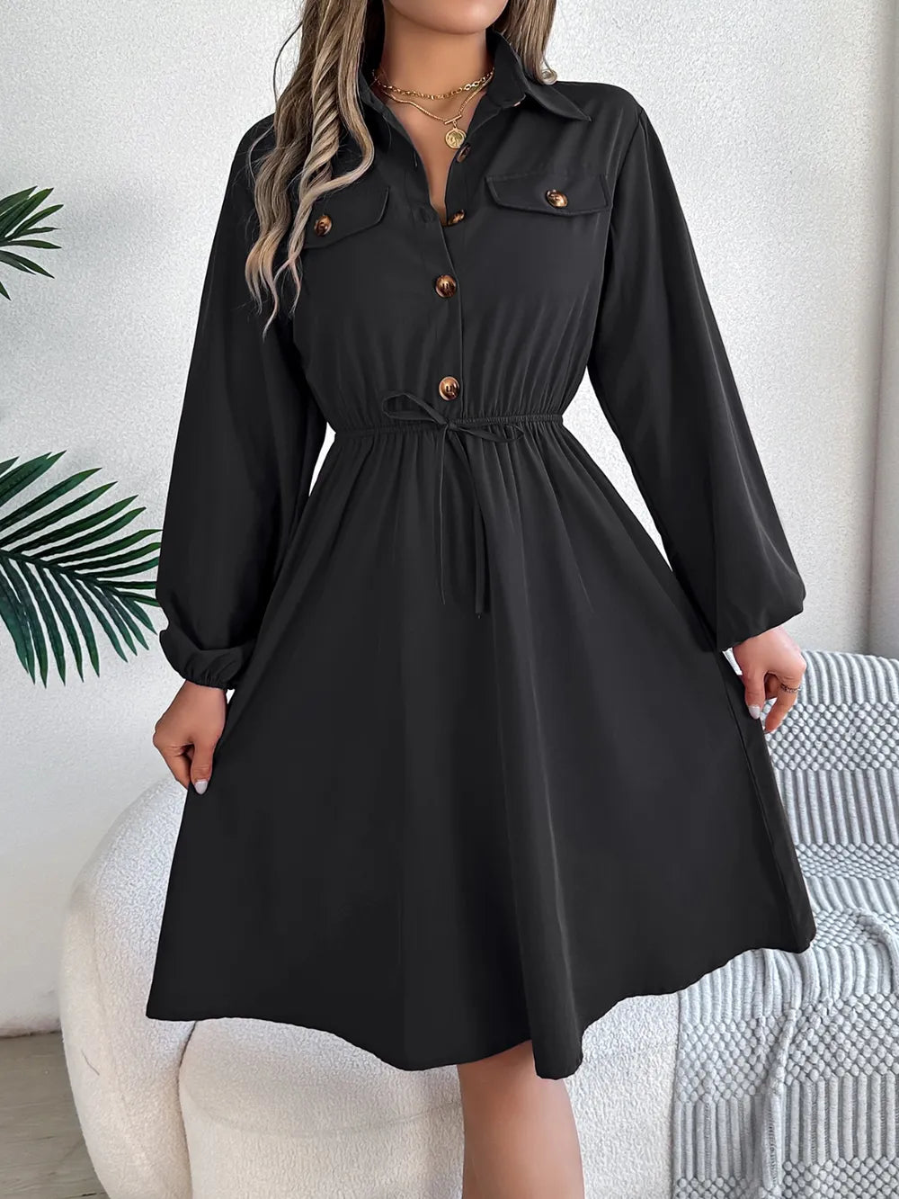 Collared Neck Long Sleeve Dress Pockets (17)