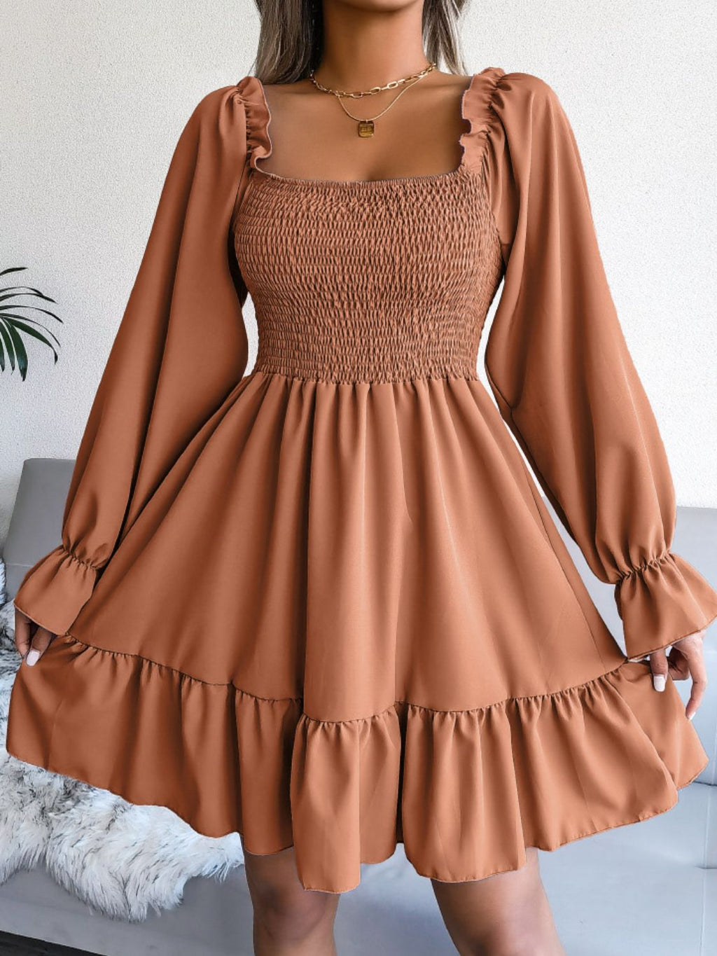 Smocked Flounce Sleeve Square Neck Dress (17)