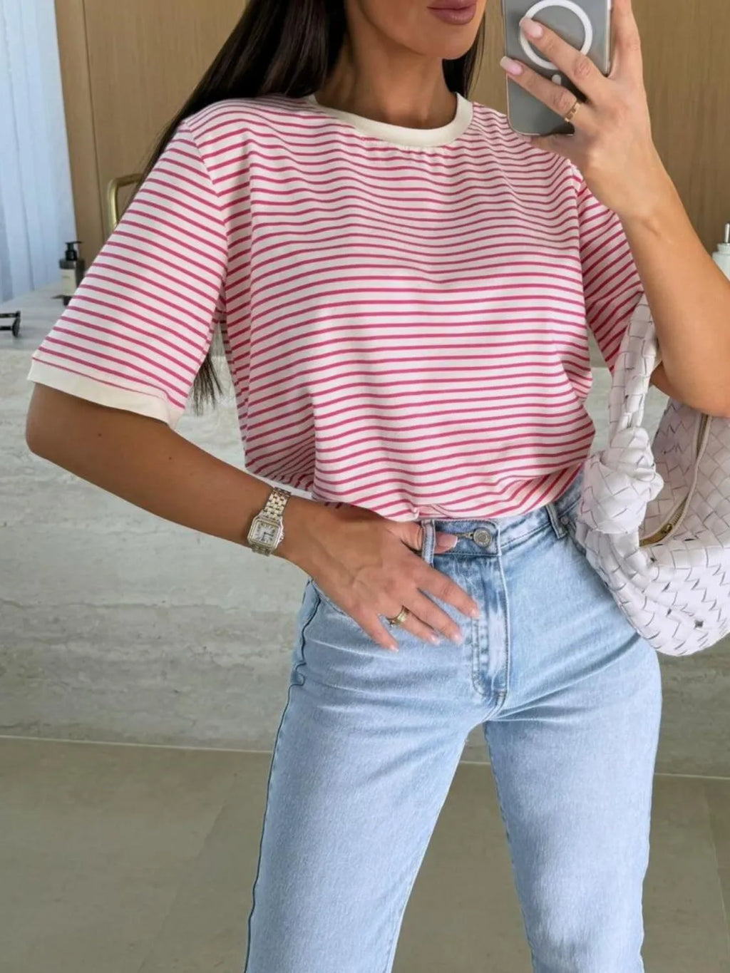 Striped Round Neck Short Sleeve T-shirt (4)