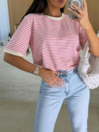Striped Round Neck Short Sleeve T-shirt (4)