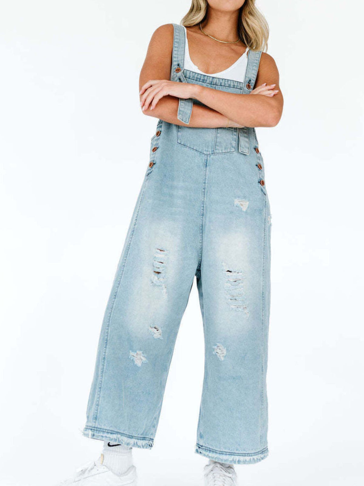 Distressed Wide Leg Denim Overalls (19)