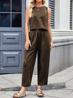Plaid Round Neck Sleeveless Top Pants Set (8)