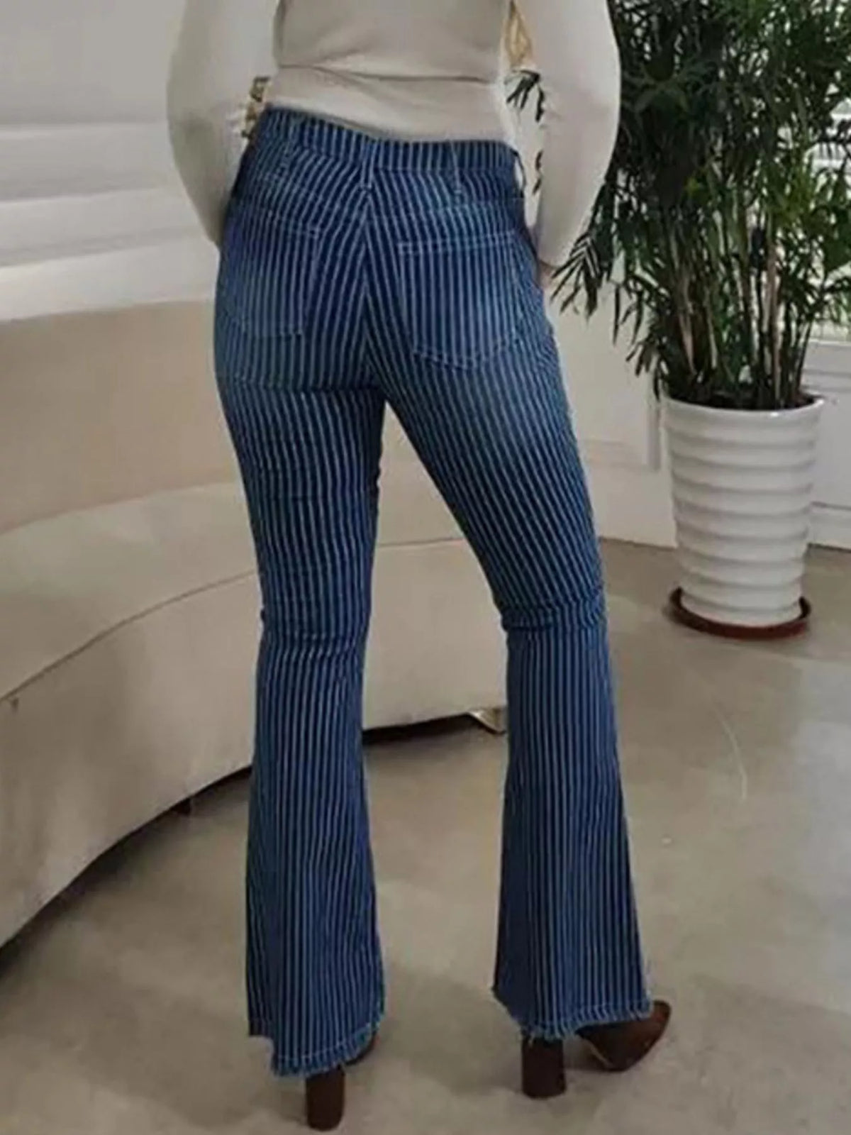 Striped Button Fly Flare Jeans (6)