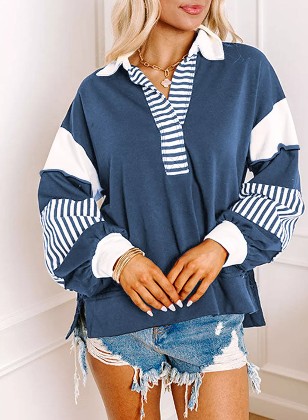 Block Striped Johnny Collar Sweatshirt (16)