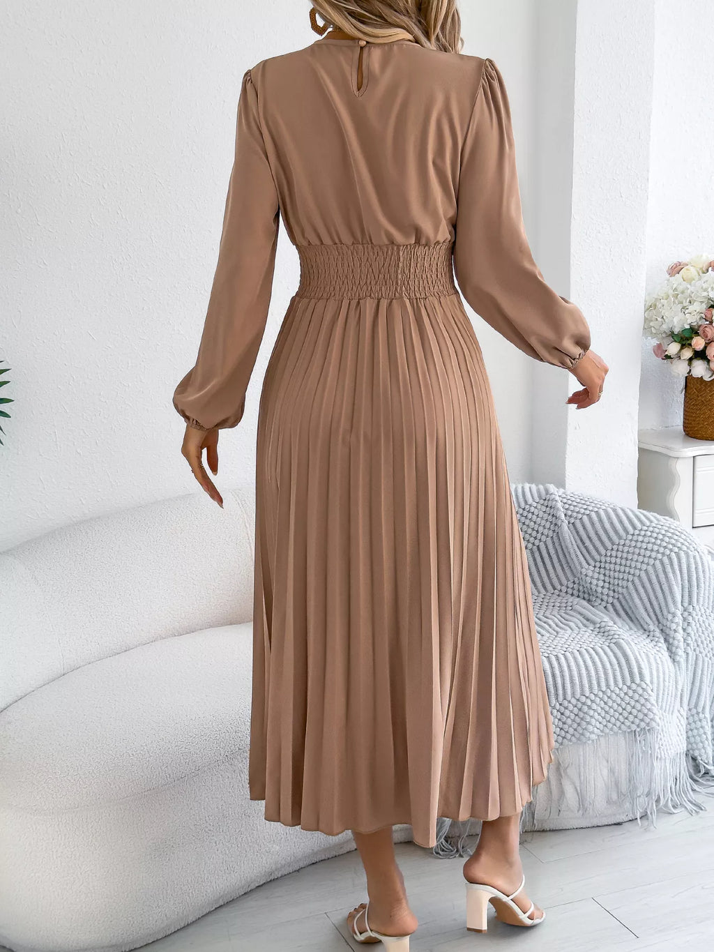 Smocked Pleated Long Sleeve Midi Dress (6)
