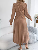 Smocked Pleated Long Sleeve Midi Dress (6)