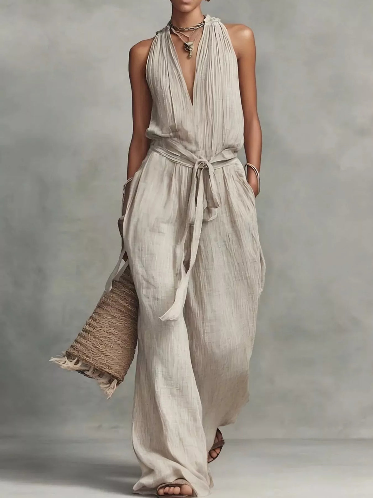 Sleeveless Wide-leg Jumpsuit Tie-waist