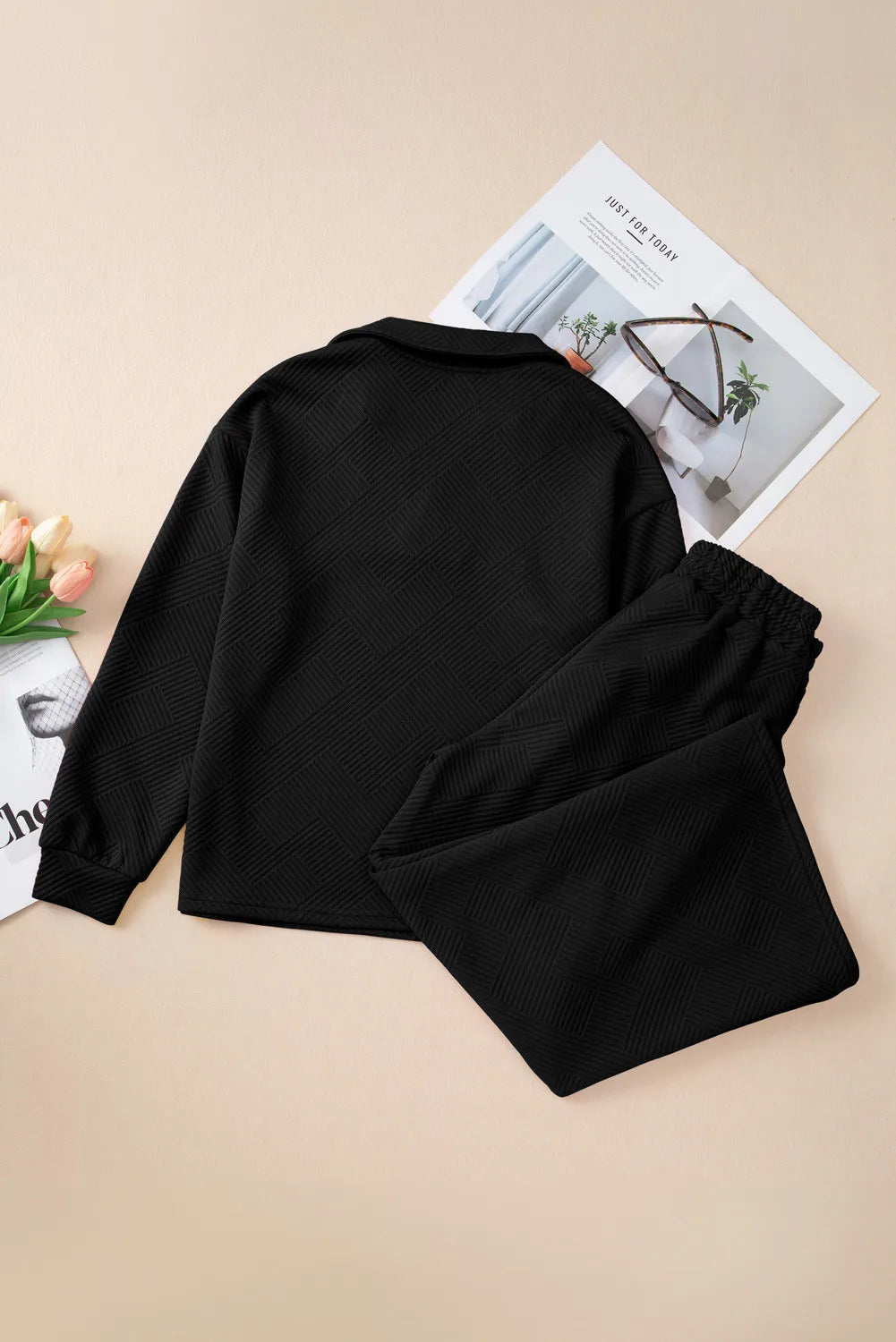 Textured Long Sleeve Top Drawstring Pants Set (11)
