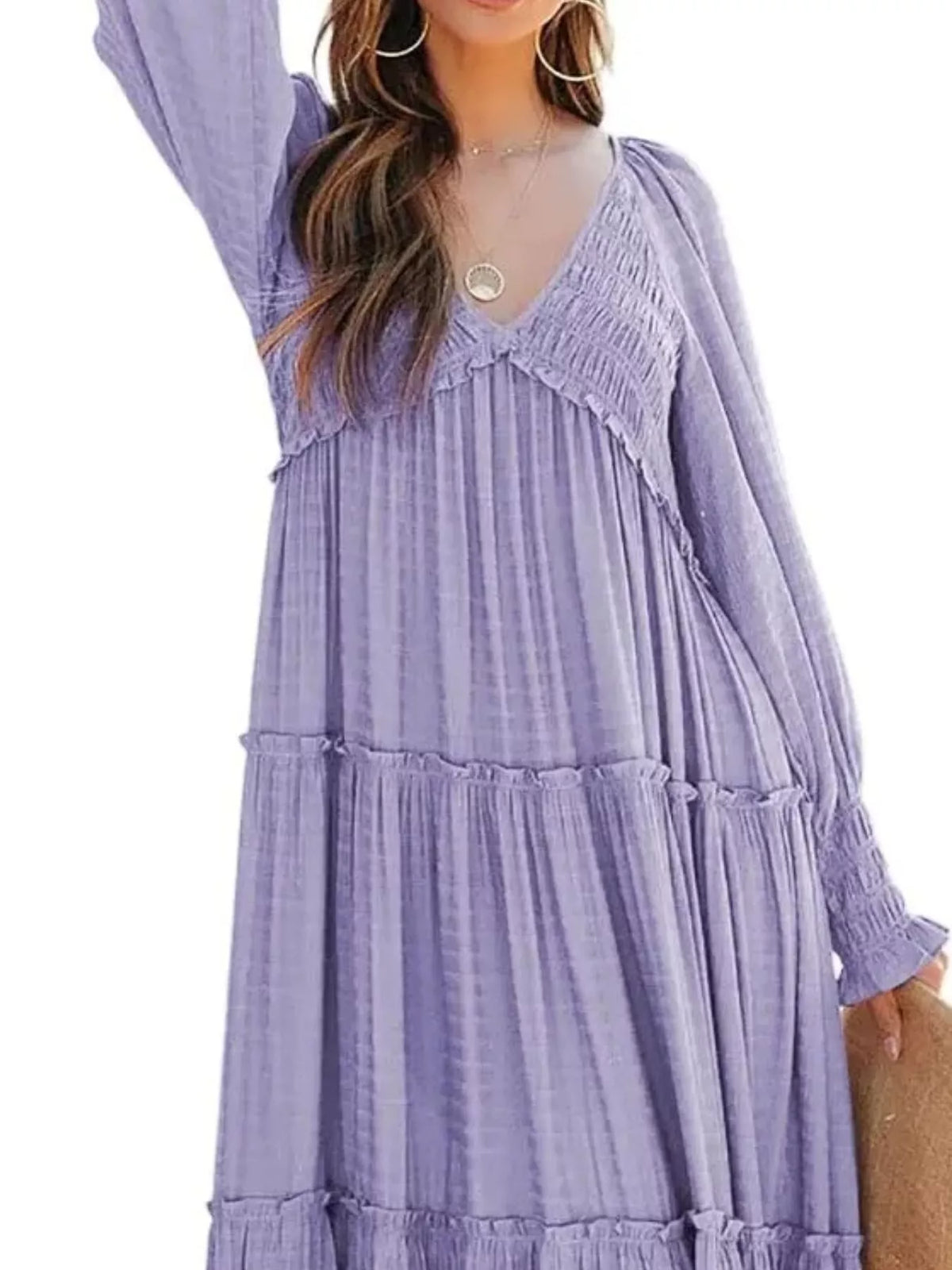 V-neck Long Sleeve Tiered Maxi Dress (2)