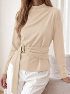 Mock Neck Blouse Waist-defining Metal Buckle Detail (3)