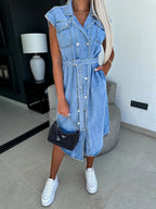 Collared Neck Cap Sleeve Denim Dress (6)