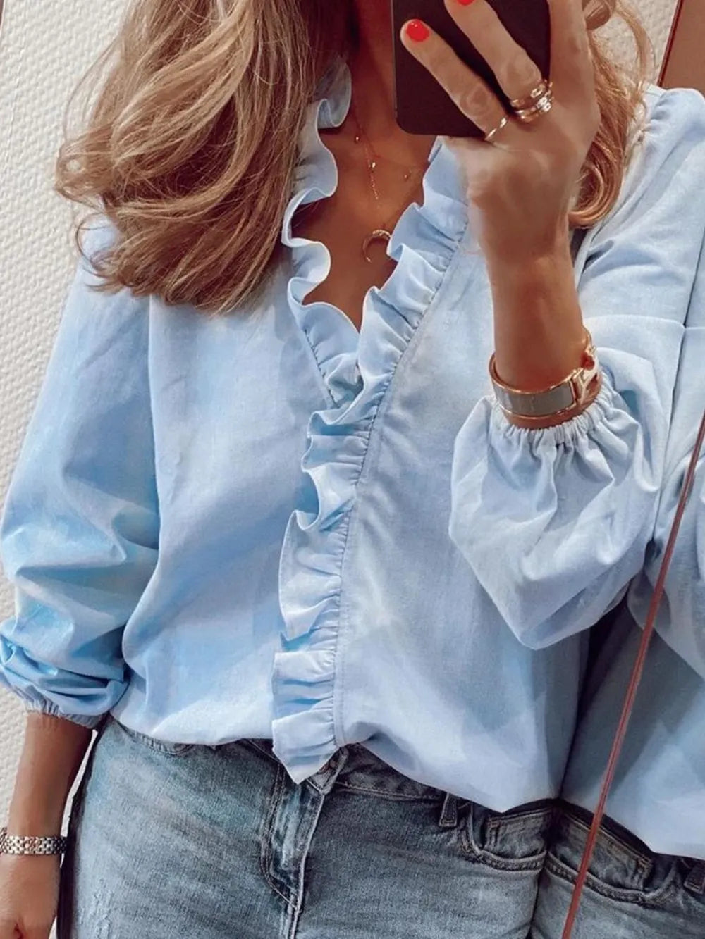 Ruffled V-neck Long Sleeve Blouse (3)