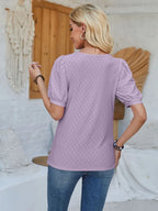 Eyelet Asymmetrical Neck Short Sleeve T-shirt (20)