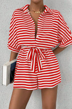 Striped Collared Neck Tie Waist Romper (13)