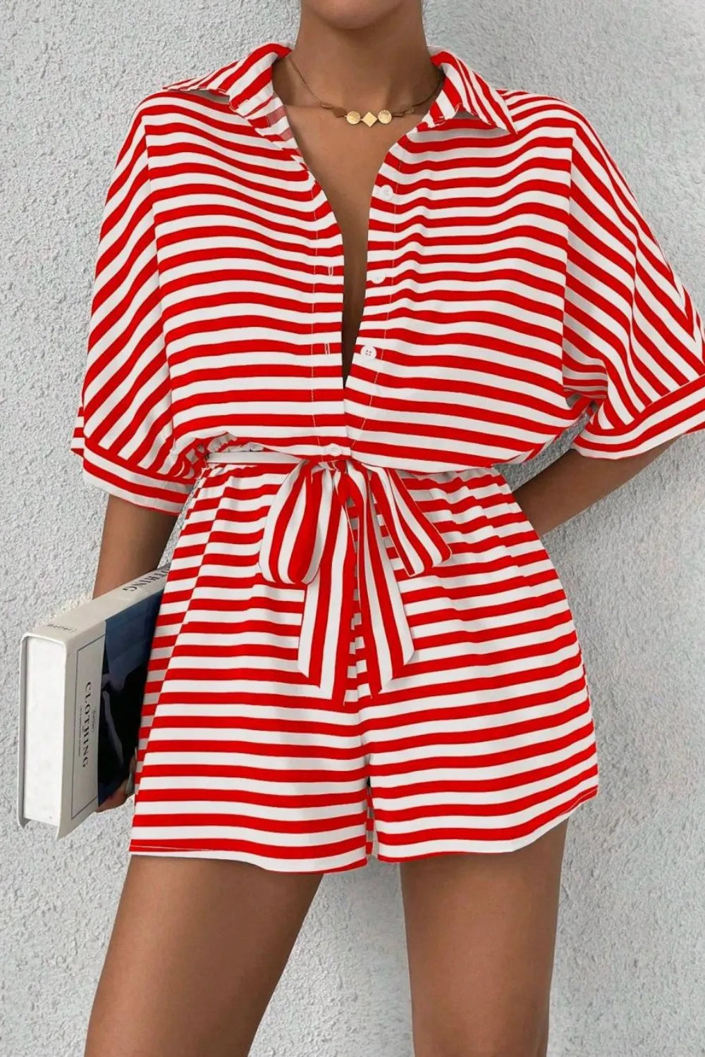 Striped Collared Neck Tie Waist Romper (13)