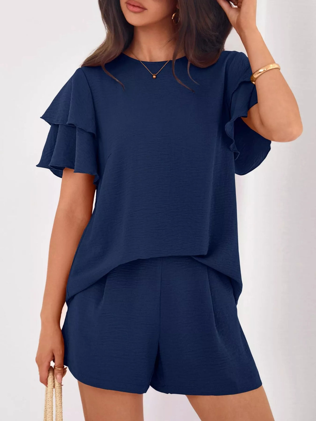 Ruffle Sleeve Top Shorts Two-piece Set (23)