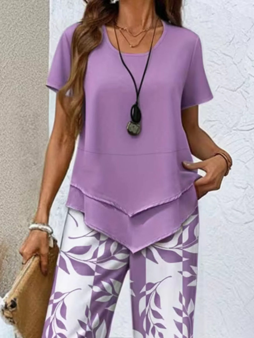 Layered Top Leaf Print Cropped Pants Set (8)