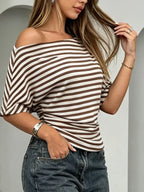 One Shoulder Striped Dolman Sleeve T-shirt (9)