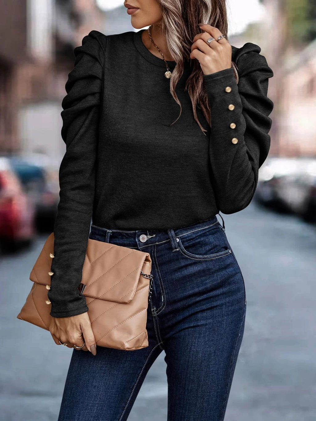 Decorative Button Puff Sleeve T-shirt (6)
