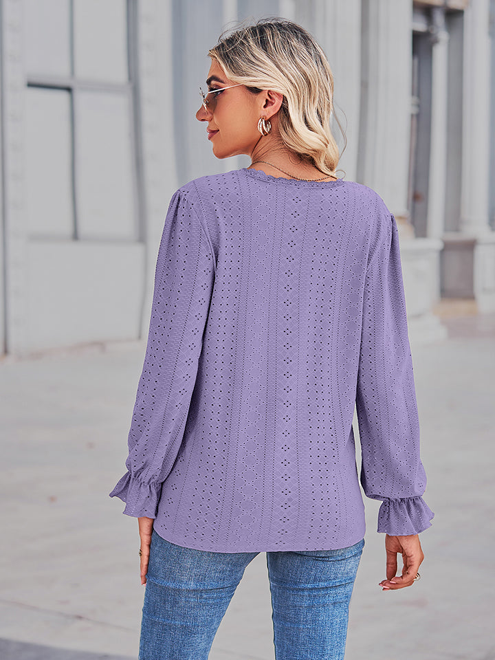 Eyelet V-neck Flounce Sleeve Blouse (12)