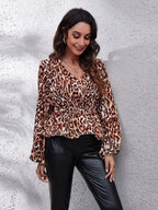 Ruched Printed V-neck Long Sleeve Blouse (26)