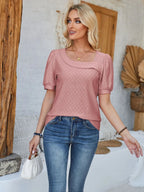 Eyelet Asymmetrical Neck Short Sleeve T-shirt (27)