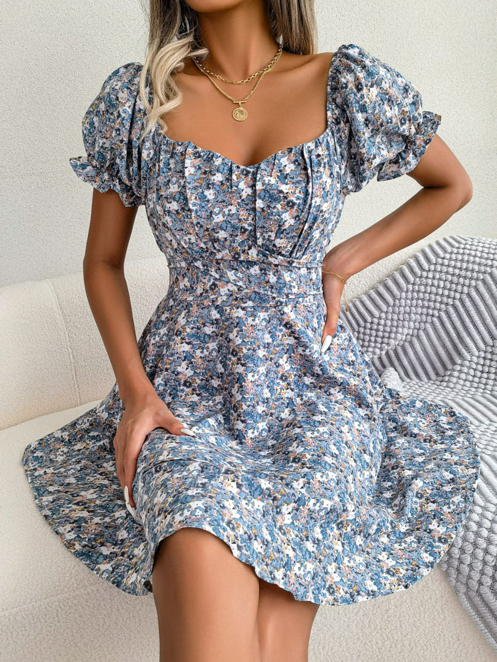 Floral Sweetheart Neck Flounce Sleeve Mini Dress (6)