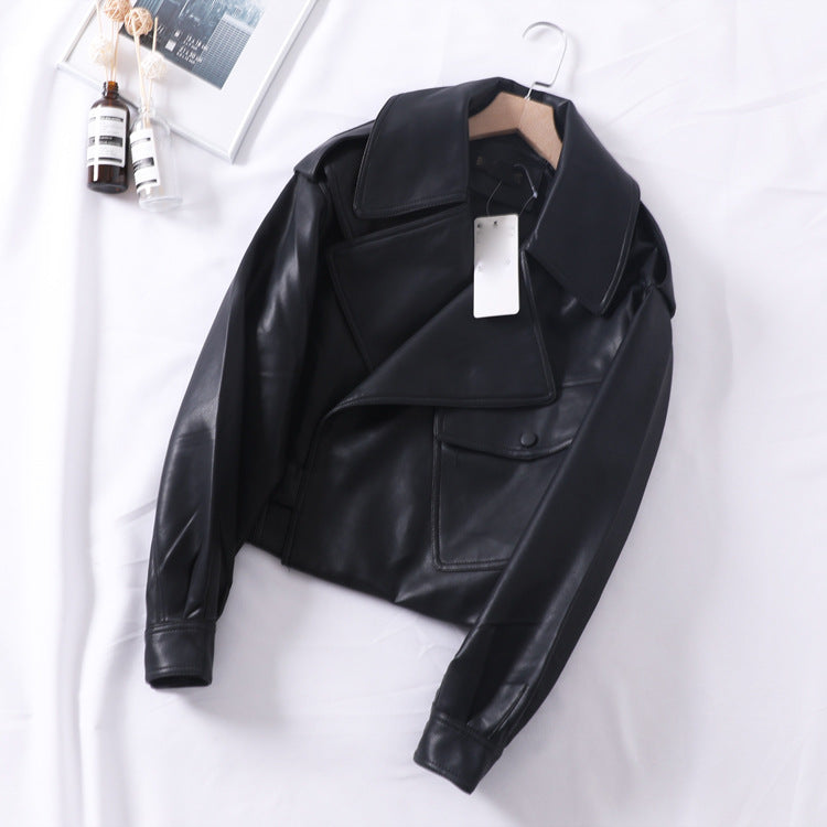 Loose Cropped Leather Jacket Motorcycle variant CJNSWTJK00399-Black-M|CJNSWTJK00399-Black-S|CJNSWTJK00399-Black-L