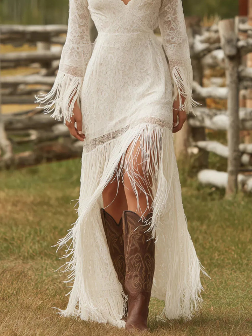 Lace Fringe V-neck Maxi Dress (3)