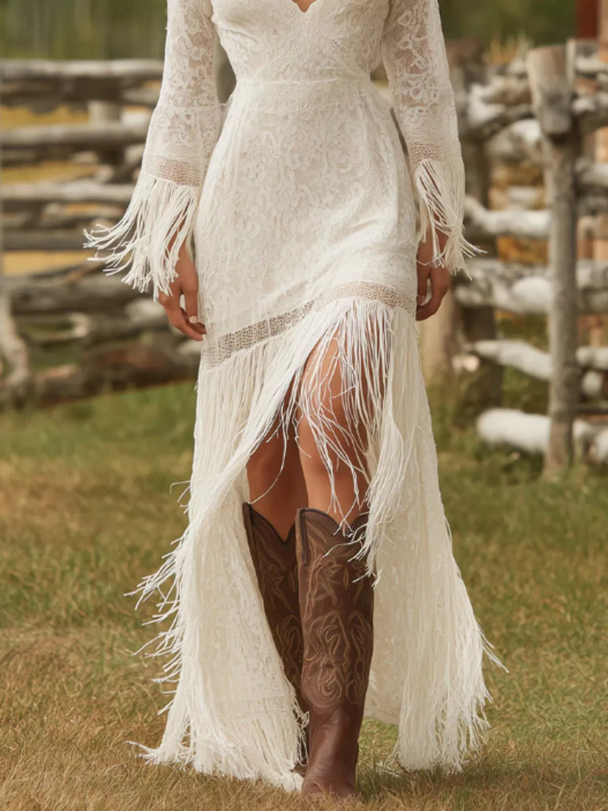 Lace Fringe V-neck Maxi Dress (3)