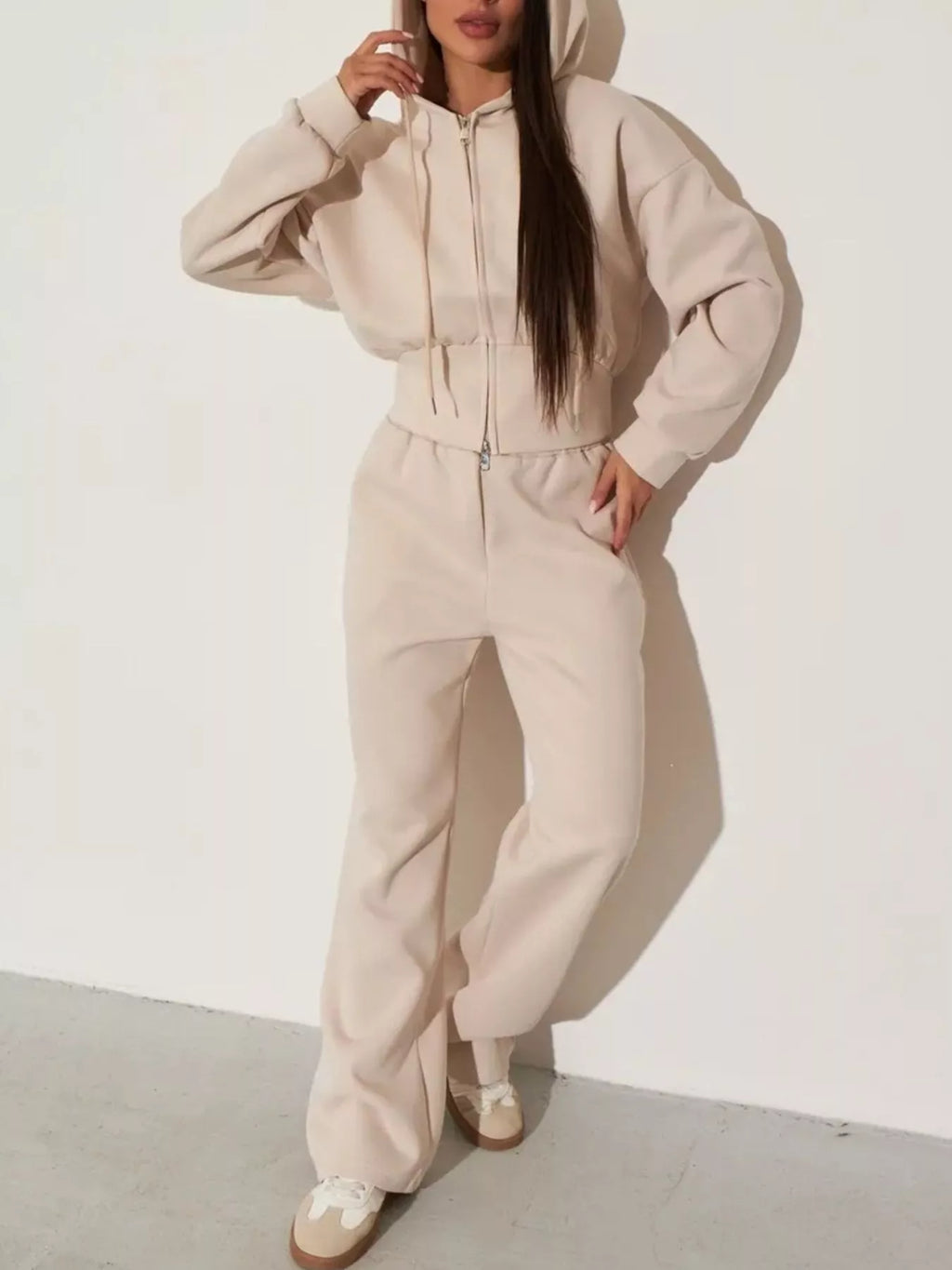 Zip-up Hoodie Wide-leg Pants Set (9)