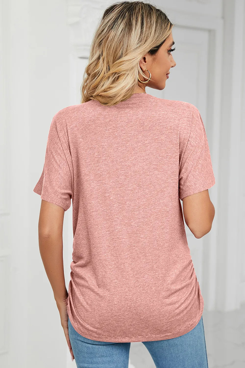 Ruched V-neck Short Sleeve T-shirt (20)