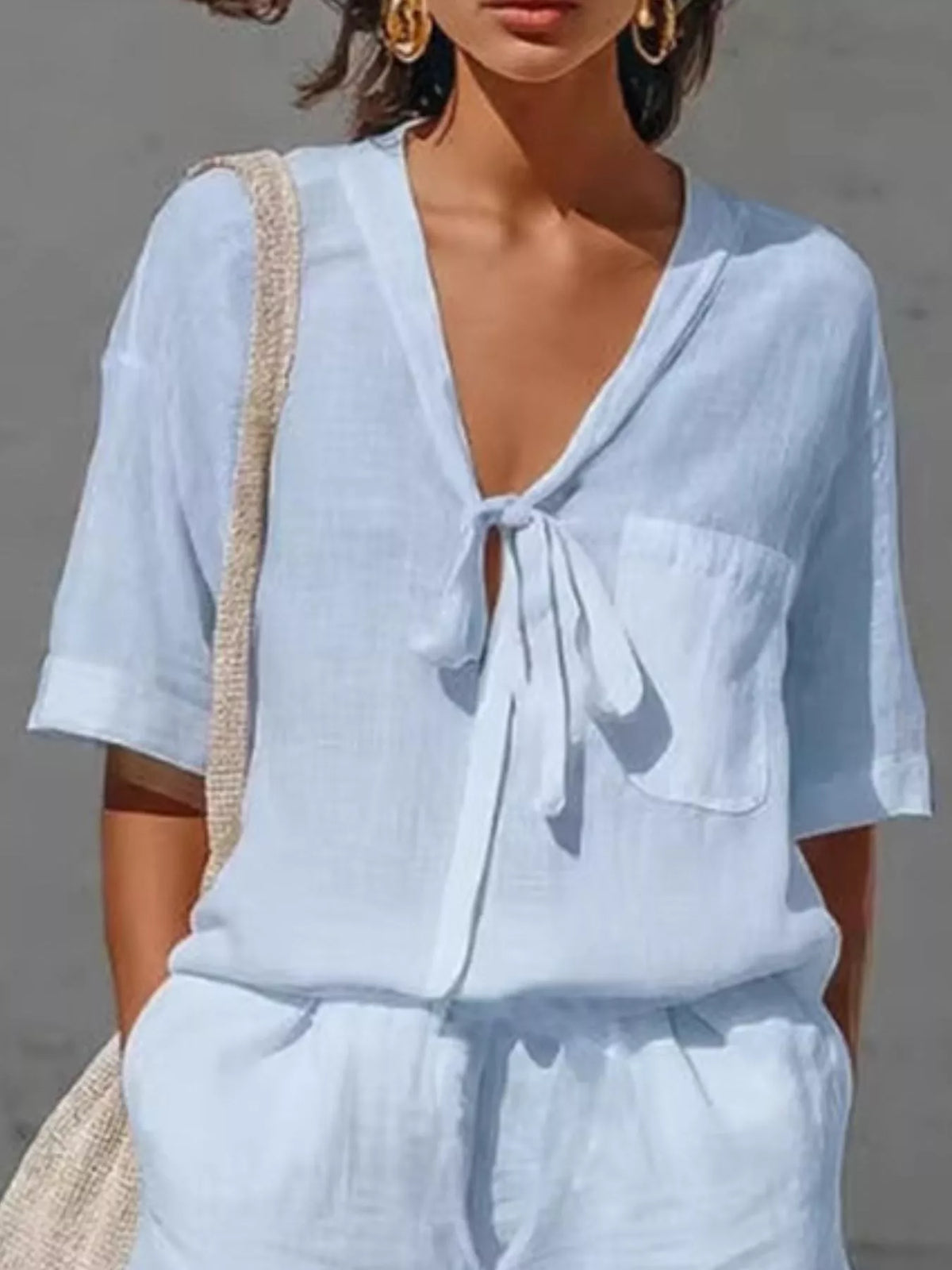 Tie-front Half Sleeve Shirt Shorts Set (2)