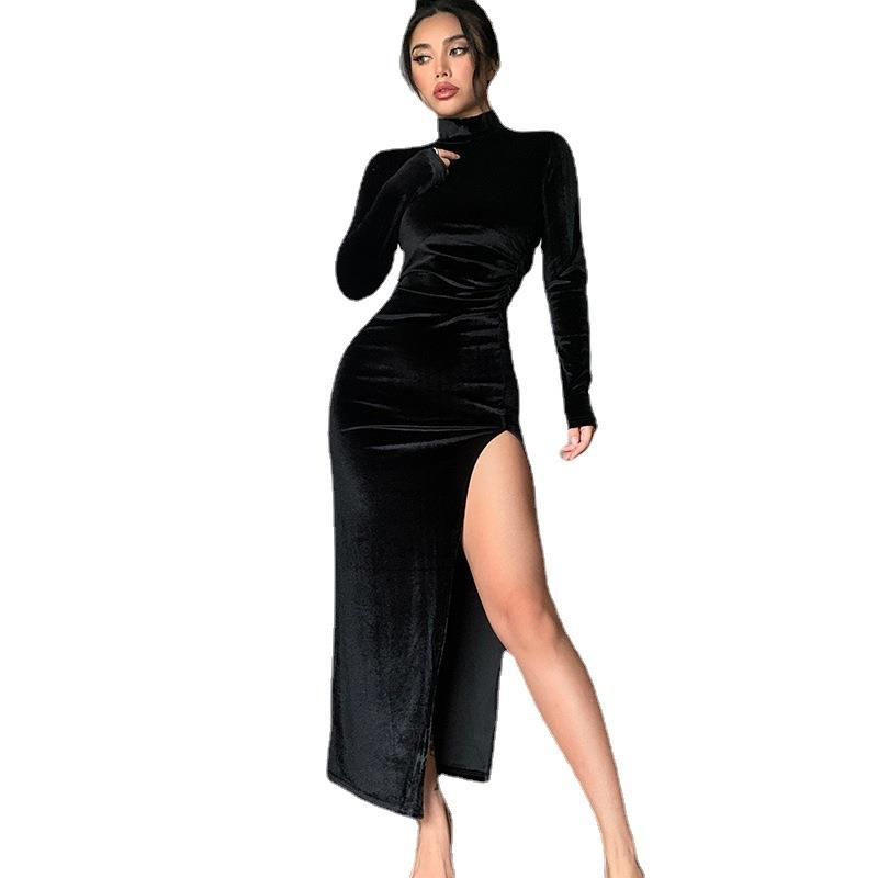 High Neck Long Velvet Dress Slim Slit photo 4