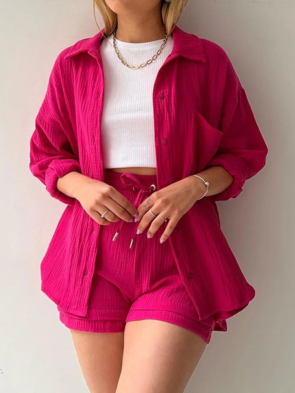 Texture Button Up Shirt Drawstring Shorts Set (17)