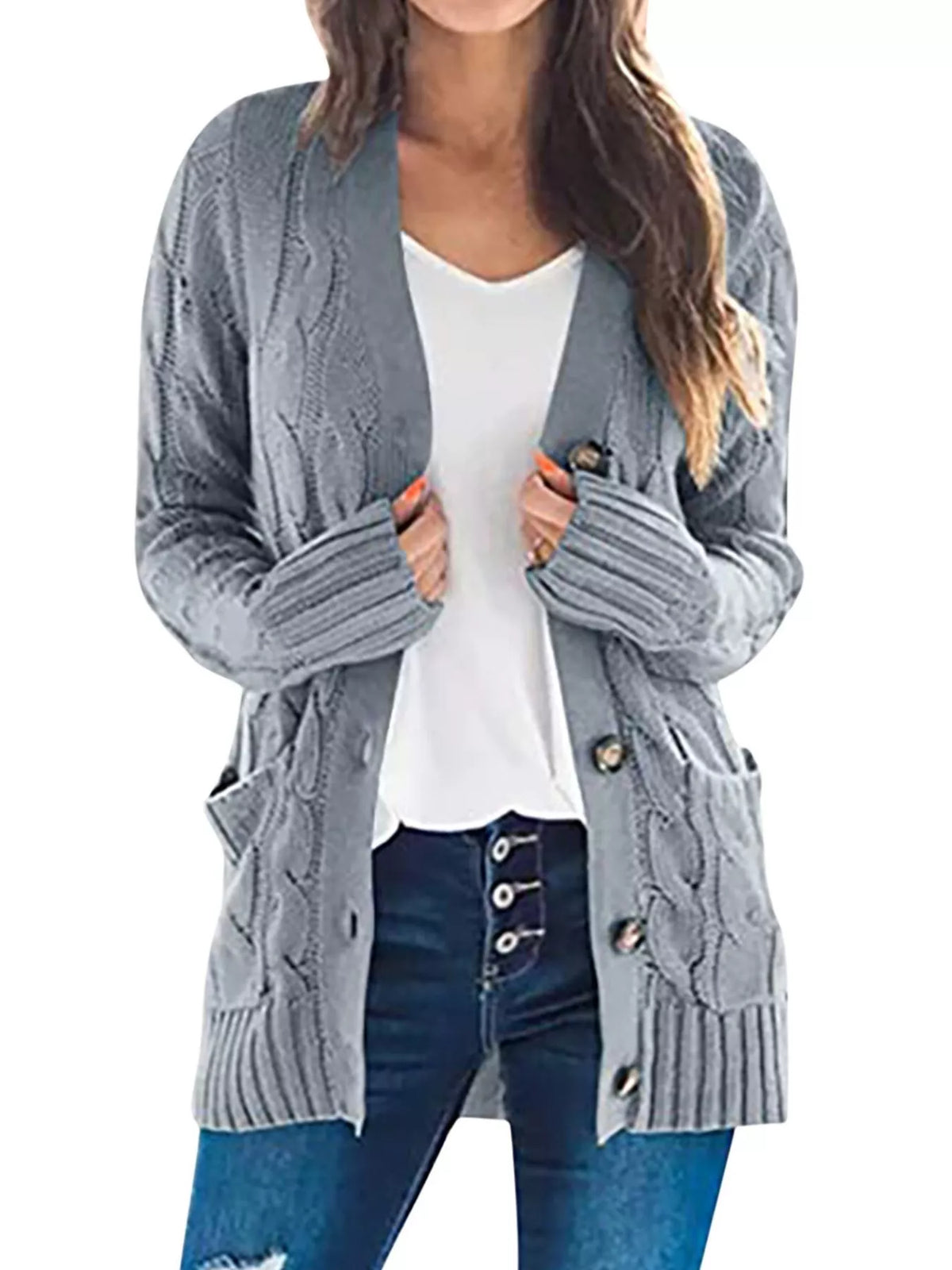 Full Size Chunky Cable Knit Button-down Cardigan Plus (6)
