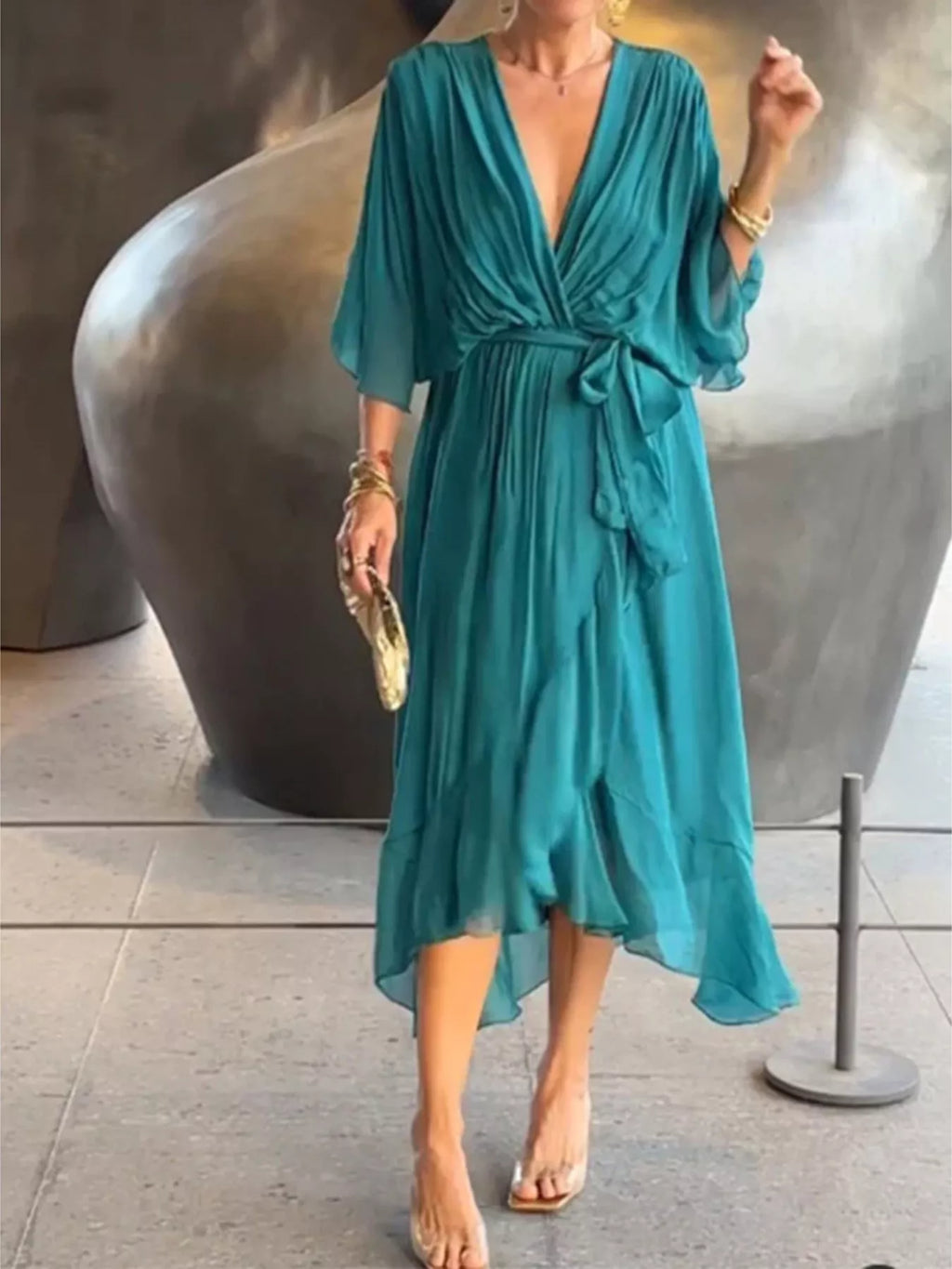 Full Size Chiffon Wrap Dress Flutter Sleeves Plus (9)