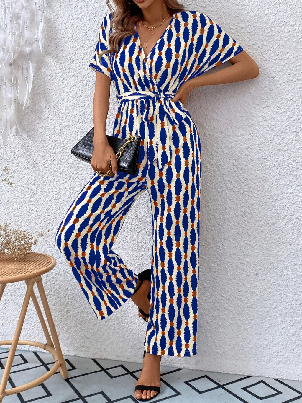 Printed Surplice Tie Waist Short Sleeve Jumpsuit (9)