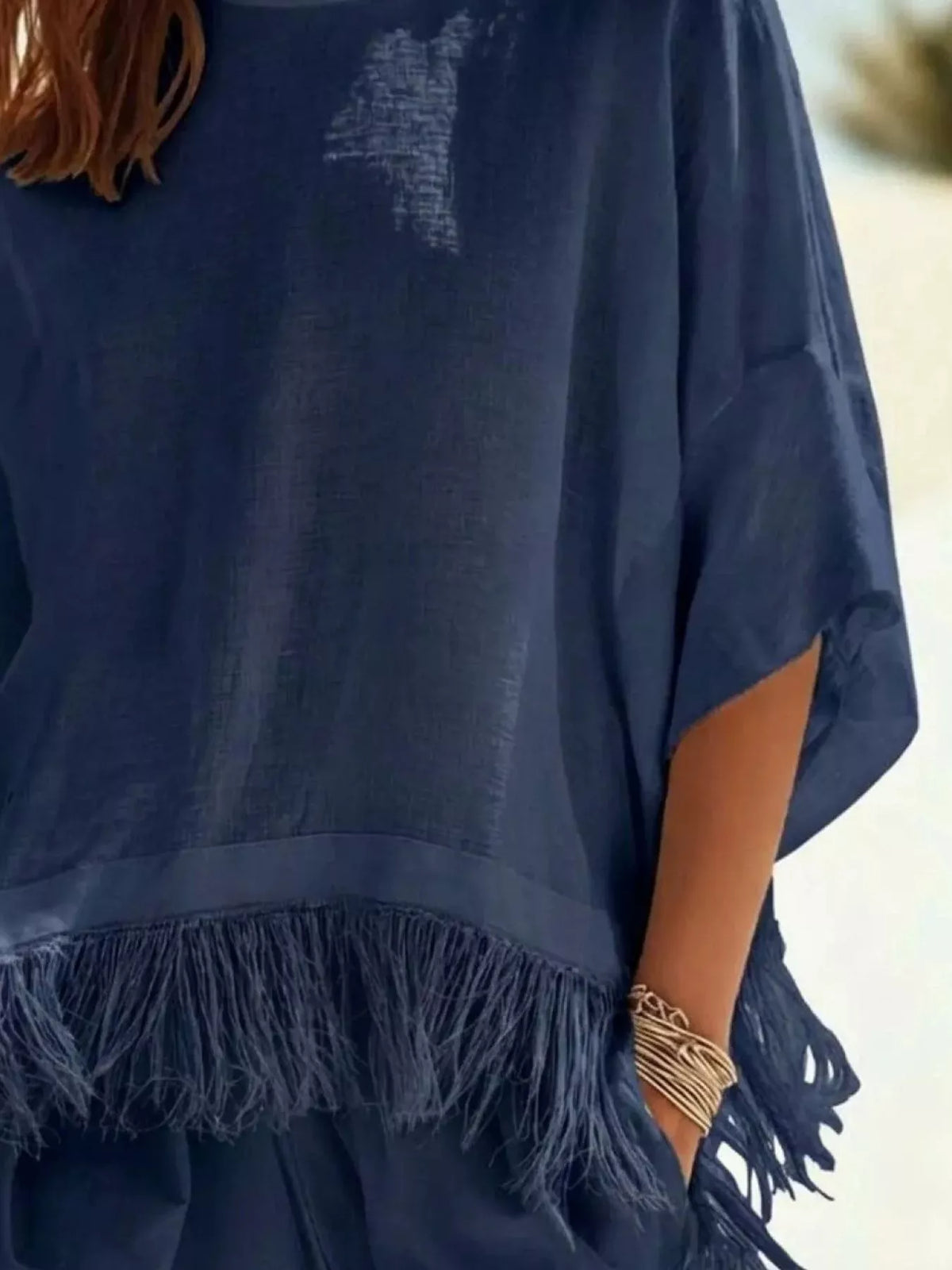 Fringed 3/4 Sleeve Blouse (2)