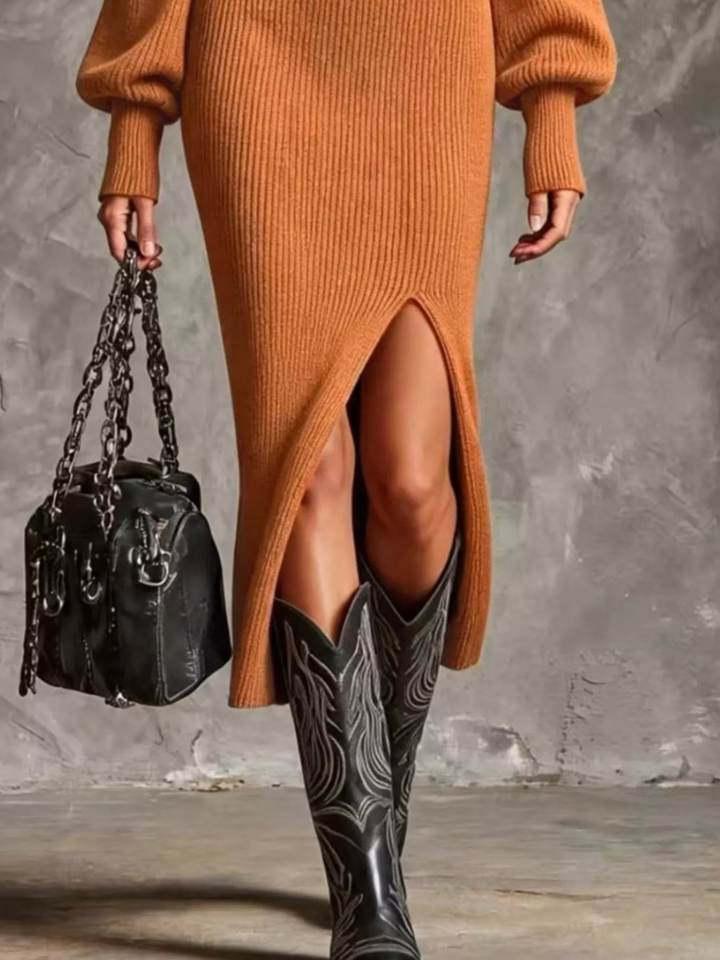 Ribbed Knit Quarter-zip Lantern Sleeve Sweater Dress (3)